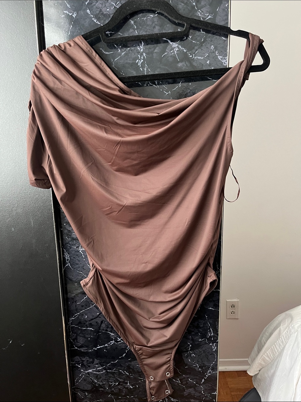 Ruched One-Shoulder Bodysuit in Taupe